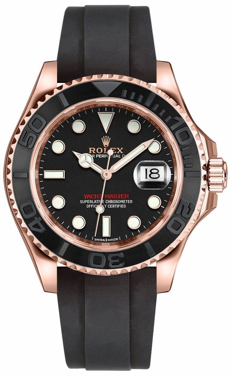 Rolex Yacht Master 37mm Rose Gold Black Dial Oysterflex Strap Ref WatchesOff5th