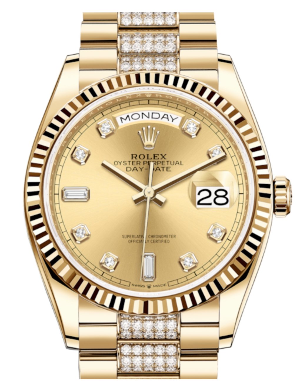 Rolex Yellow Gold Day-Date 36 Watch - Fluted Bezel - Champagne Diamond Dial - Diamond President Bracelet - WatchesOff5thWatch