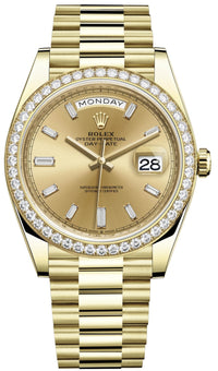 Thumbnail for Rolex Yellow Gold Day-Date 40 Watch - Yellow Gold Bezel - Champagne Baguette Diamond Dial - President Bracelet ( Ref# 228348RBR) - WatchesOff5thwatch