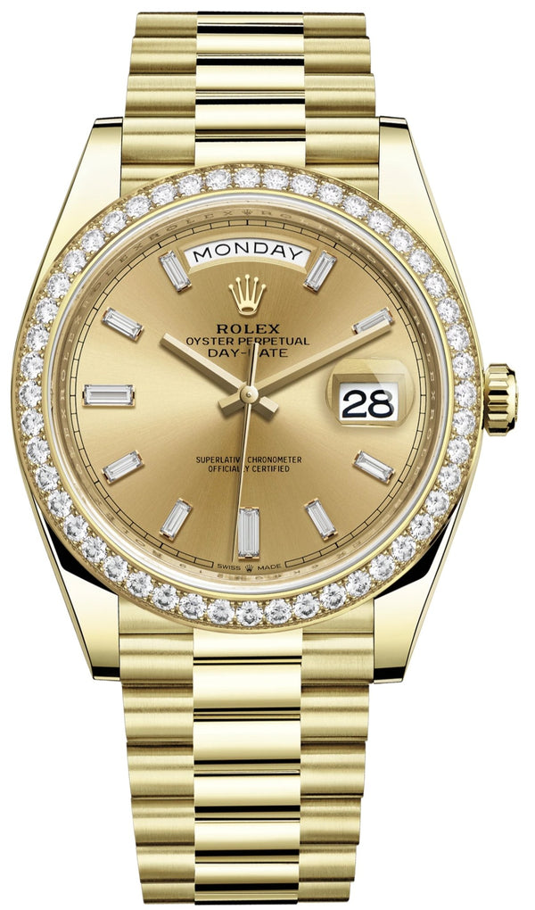 Rolex Yellow Gold Day-Date 40 Watch - Yellow Gold Bezel - Champagne Baguette Diamond Dial - President Bracelet ( Ref# 228348RBR) - WatchesOff5thwatch