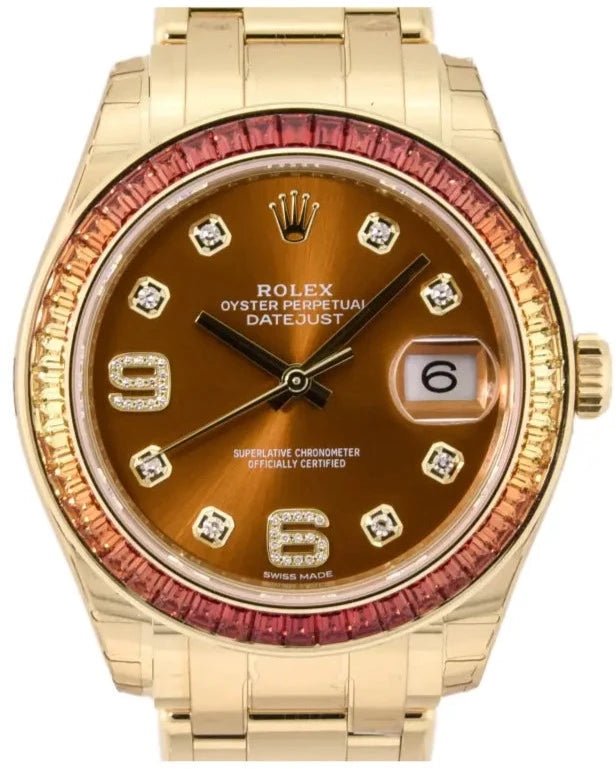 Rolex Yellow Gold Orange Diamond Dial and Diamond Bezel Pearlmaster Da WatchesOff5th