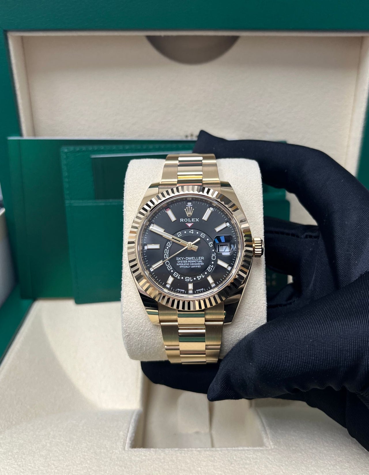 Rolex Yellow Gold Sky-Dweller Watch - Black Index Dial - Oyster Bracelet (Ref# 326938) - WatchesOff5thWatch