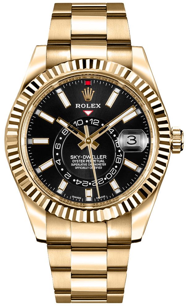 Rolex Yellow Gold Sky-Dweller Watch - Black Index Dial - Oyster Bracelet (Ref# 326938) - WatchesOff5thWatch