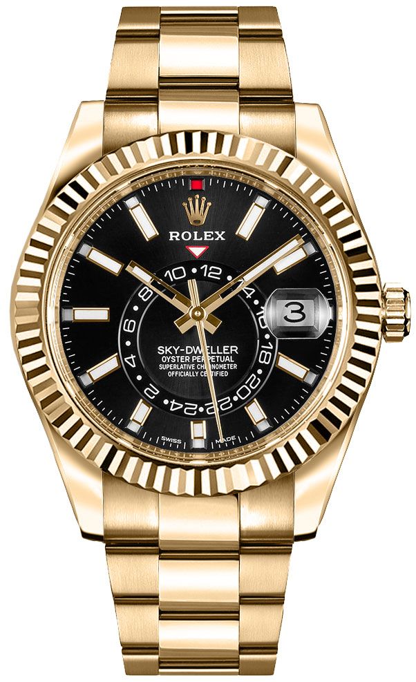 Rolex Yellow Gold Sky Dweller Watch Black Index Dial Oyster Bracel WatchesOff5th