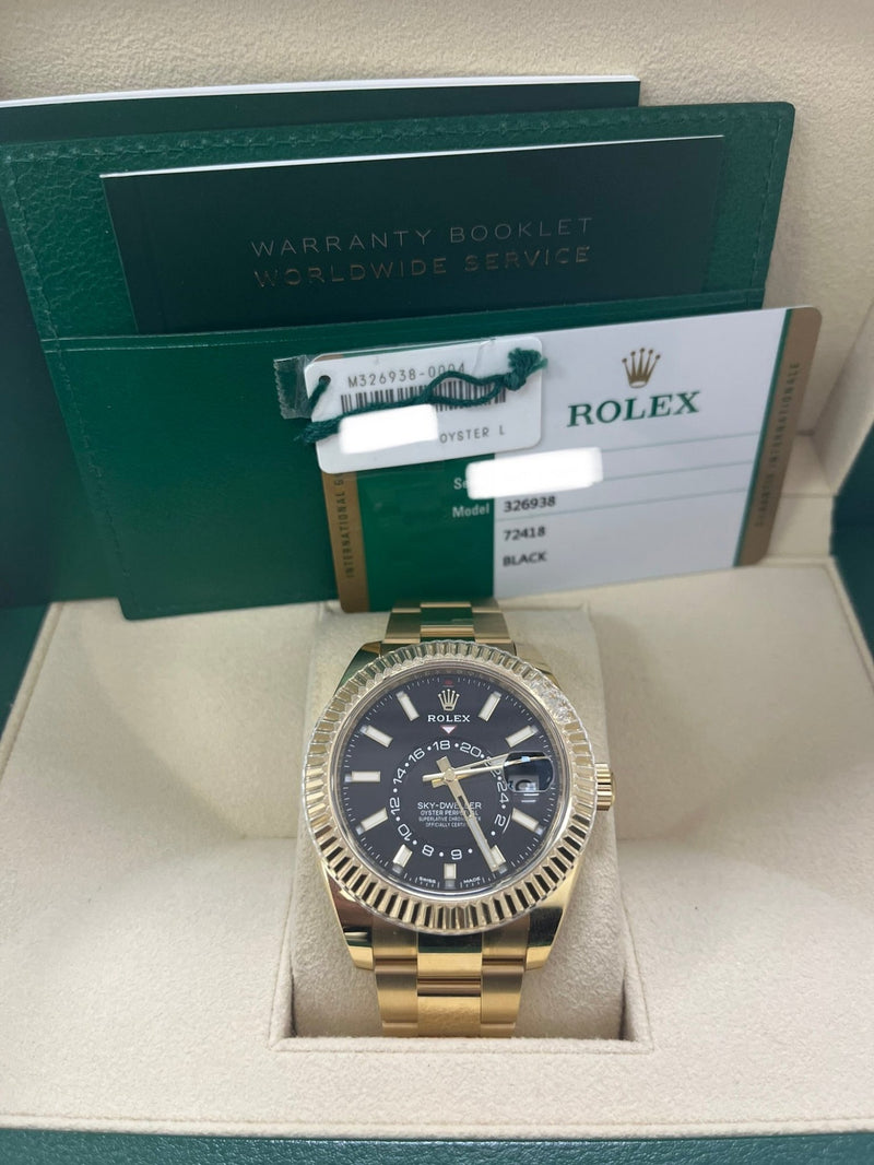 Rolex Yellow Gold Sky-Dweller Watch - Black Index Dial - Oyster Bracelet (Ref# 326938) - WatchesOff5thWatch