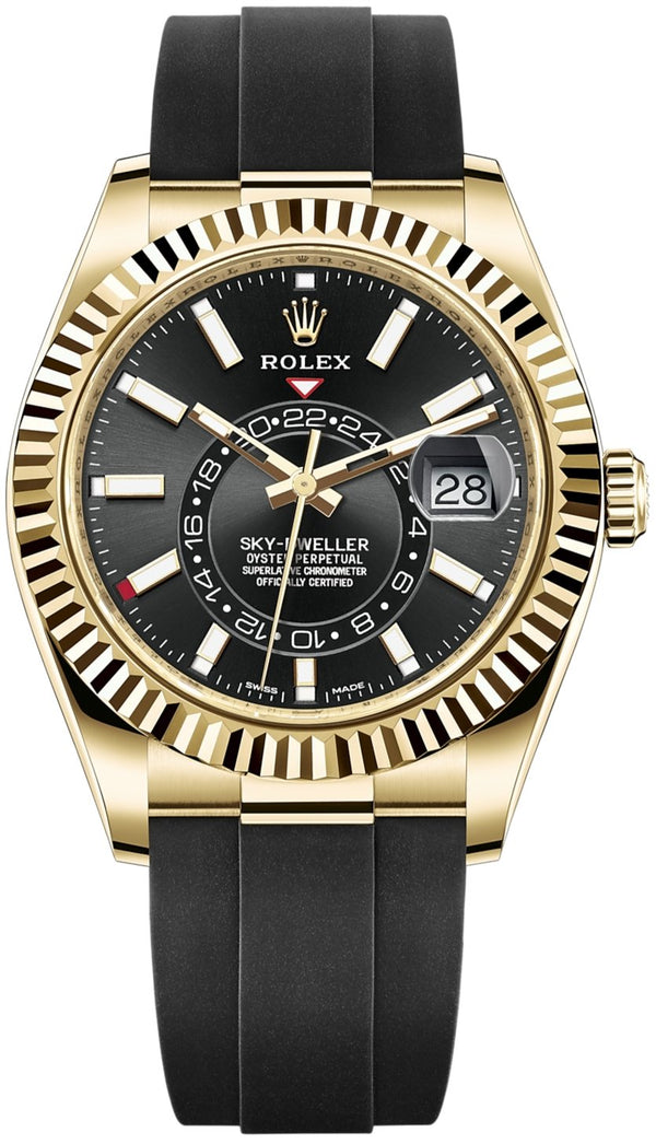 Rolex Yellow Gold Sky-Dweller Watch - Black Index Dial - Oysterflex Bracelet (Ref# 326238) - WatchesOff5thWatch