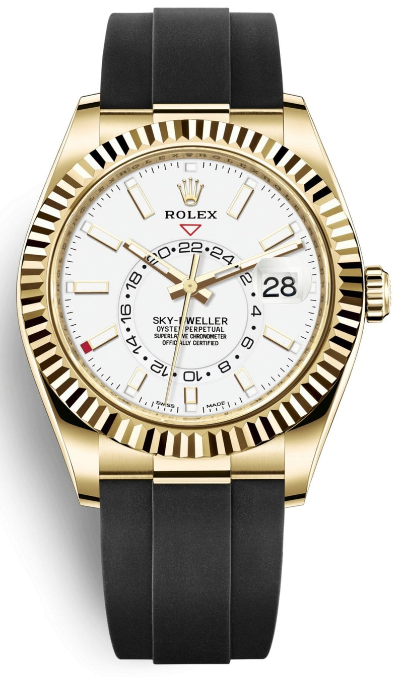 Rolex Yellow Gold Sky-Dweller Watch - White Index Dial - Oysterflex Bracelet (Ref# 326238) - WatchesOff5thWatch