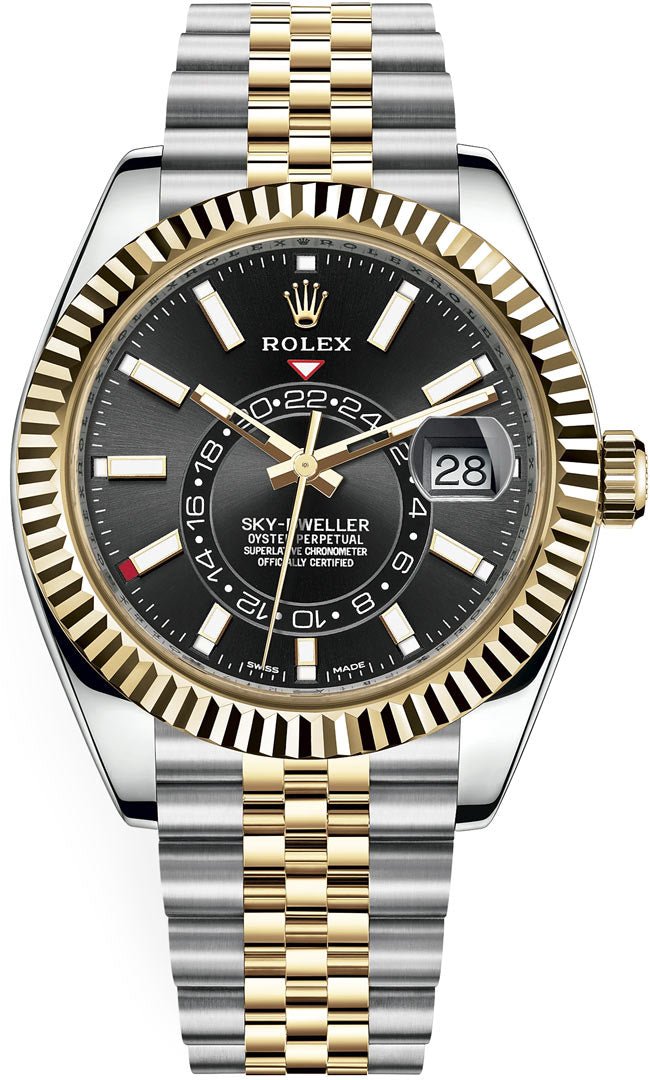 Rolex Yellow Rolesor Sky-Dweller Watch - Black Index Dial - Jubilee Bracelet (Ref # 326933) - WatchesOff5thWatch
